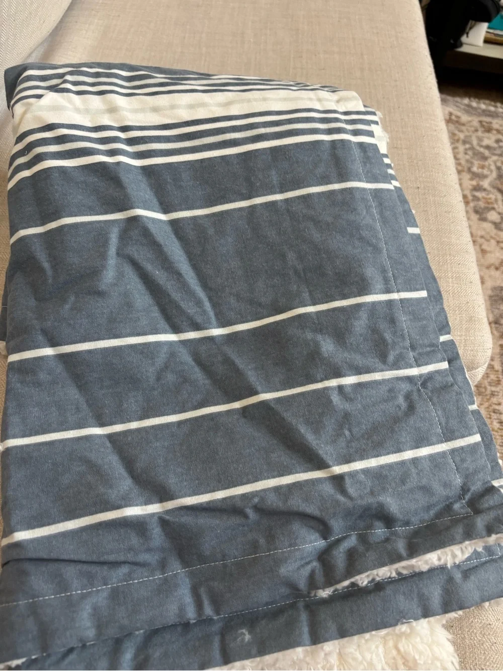 UGG Queen Comforter Set Cornflower Blue Stripe Sherpa Lined Cozy Bedding